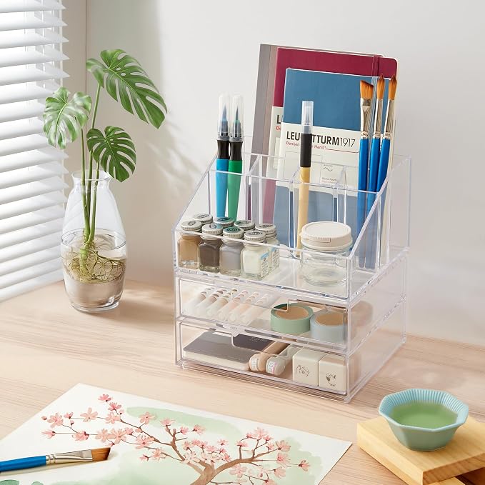 STORi Stackable Desk and Drawer Organizer, Clear Pen Pencil Makeup Brush Holder for Desktops and Vanities, 6 Compartment Caddy with 2 Wide Drawers (Made in USA)