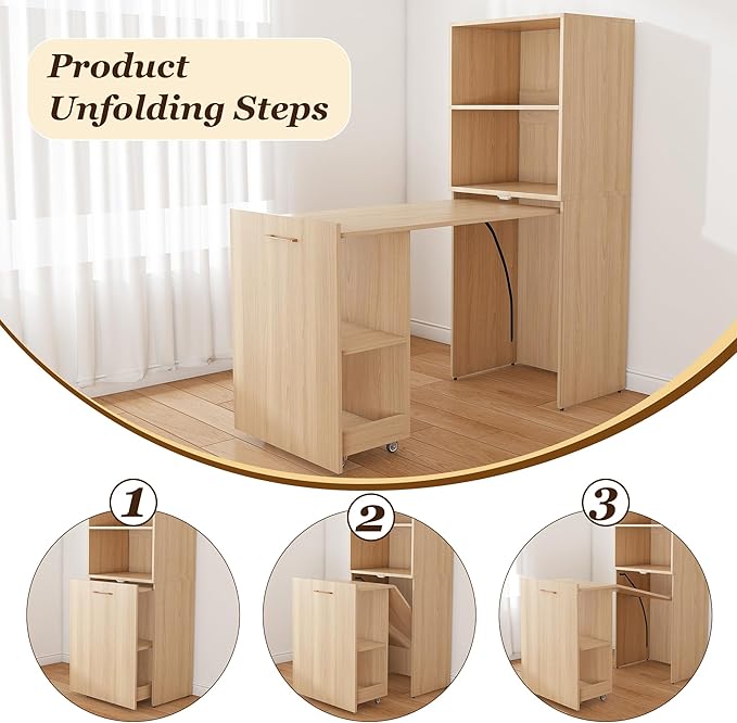 Folding Out Desk with Storage Shelves, Expandable Hidden Computer Desk, Foldable Space-Saving Pull Out Murphy Table, Writing Table with Wheels for Home Office Bedroom Small Spaces (Natural Wood.)