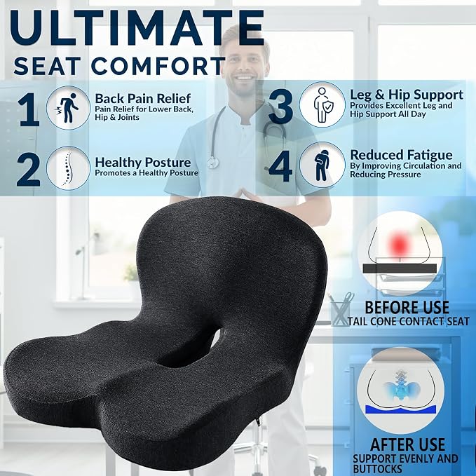 Memory Foam Seat Cushion for Truck Drivers, Office Chairs & Car Seats – Back Support & Sciatica Relief Pillow for Tailbone – Ergonomic Pressure Relief Pad for Long Sitting & Driving (Black)