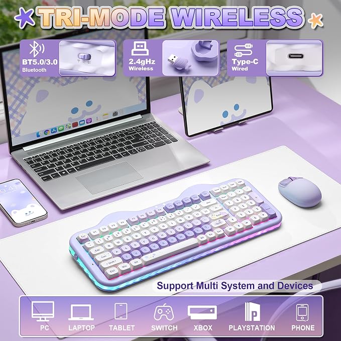YUNZII C98 Wireless Mechanical Keyboard with Number Pad,99 Key BT5.0/2.4G/USB-C Hot Swap Gasket Mount with PBT MOA Keycaps,Custom RGB,Cute Cake Keyboard for Win/Mac (Purple, Candy Linear Switch)