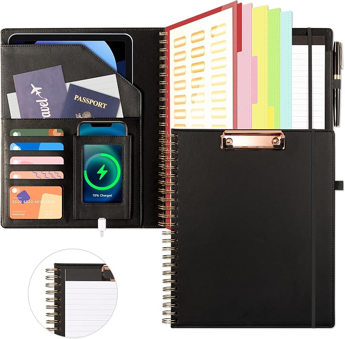 Ospelelf Clipboard with Storage for Men Women, Leather Padfolio Portfolio Organizer 5 Folders with 10 Pockets, Spiral Clipboard Folio with Notepad for Letter Size, Elastic Closure and Pen Loop Black
