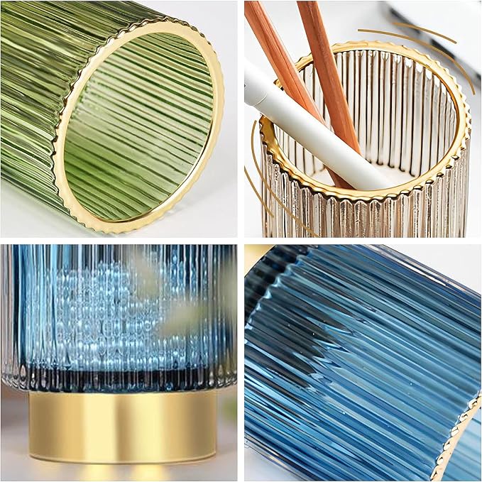 DASITON Makeup Brush holder Organizer,Crystal Cosmetic Makeup Brush Glass Brushes Storage Holder, Vintage Make Up Brush Cup Pen Pencil Holder striped vase(Coffee L)
