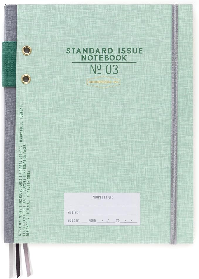 DesignWorks Ink Standard Issue Notebook No. 3, Undated Daily Planner & Writing Journal, 192 Lined Pages, Pen Holder, Small Notebook for Work & Journaling, 6.75 x 8.5 in, Green