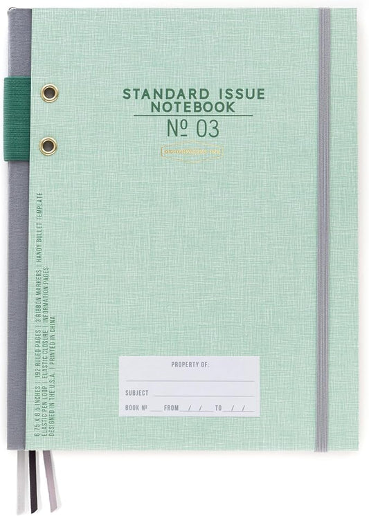 DesignWorks Ink Standard Issue Notebook No. 3, Undated Daily Planner & Writing Journal, 192 Lined Pages, Pen Holder, Small Notebook for Work & Journaling, 6.75 x 8.5 in, Green