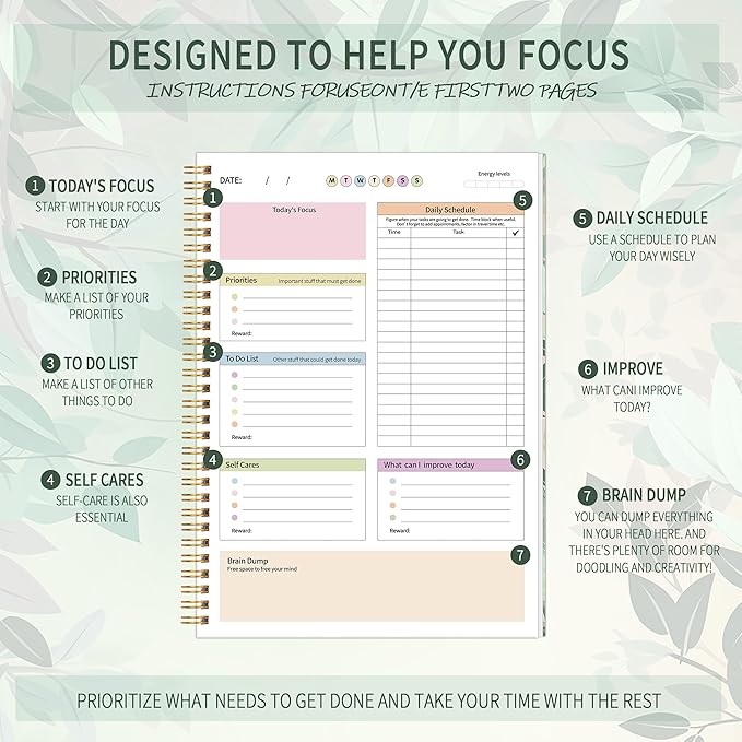 ADHD Daily Planner with Hardcover for Men & Women ,Productivity Planner & Undated Task Management Organizer Daily Schedule,Self-Care,To-Do List for Neurodivergent Adults, Focused Planners Cardboard Cover for Adult & Teens - Green Leaves