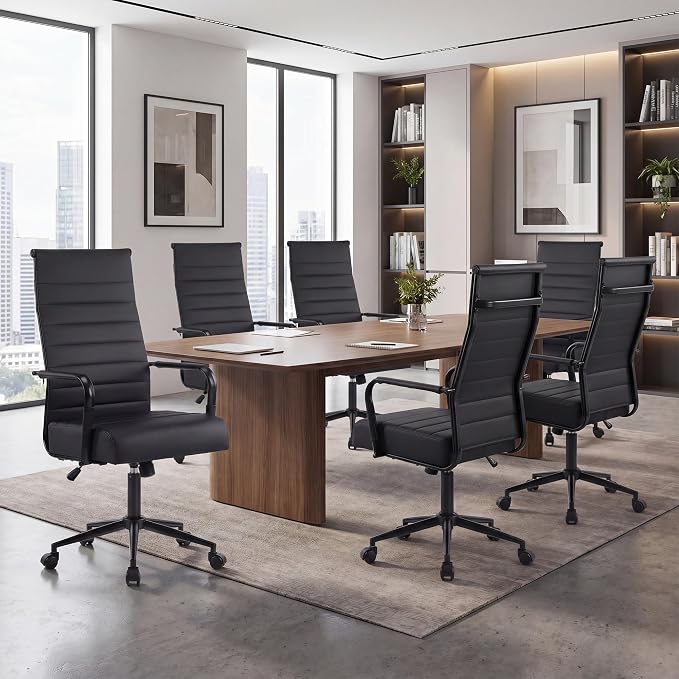 JOMEED Office Desk Chair,Conference Room Chair,High Back PU Leather Swivel | Modern Executive Ribbed Design, Ergonomic, Height Adjustable, Wheels and Arms, for Home Office(Black-Black Frame)