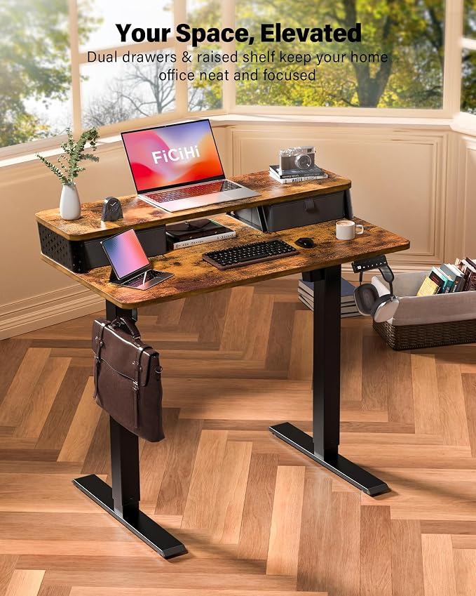 FiCiHi 40x24 Inch Electric Standing Desk, 2 Drawers, Adjustable Height Desk | Small Sit Stand Computer Desks, C-Clamp Compatible Home Office Desk with Monitor Stand, Cable Management, 3 Preset Heights