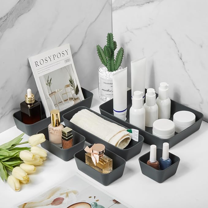 ISSEVE 8Pcs Silicone Drawer Organizer Trays for Bathroom, 4 Sizes, Black | For Vanity, Desk, Nightstand, Makeup, Jewelry, Toiletries, and Office Small Items, Nesting Organizer Trays, Drawer Organizer