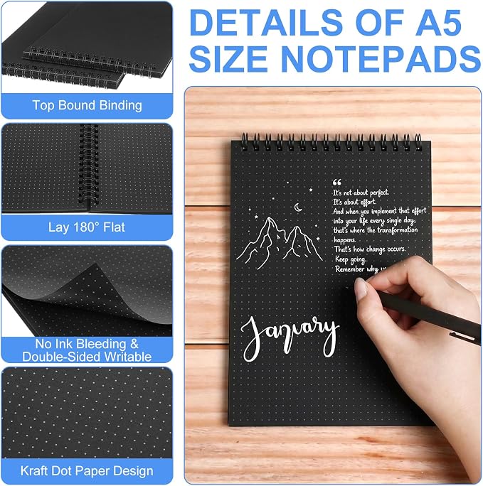 Engrowtic 2 Pcs Dot Grid Notebook Top Spiral Notebook A5 Size Bullet Dotted Paper Hardcover Dot Journal 8.3''x 5.8'' 140 Pages Spiral Notepads for Drawing Writing School Office (Black （black Page）)