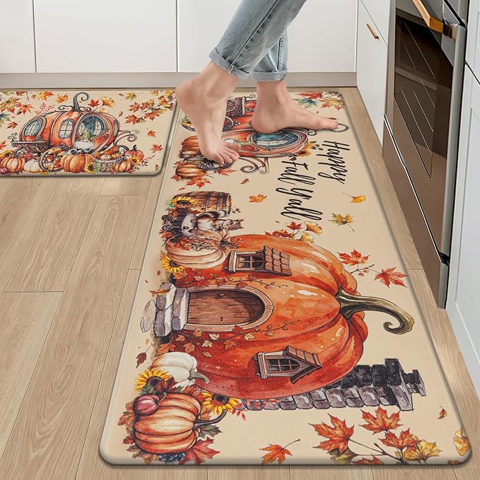 Ileading Fall Kitchen Mats Anti Fatigue, Pumpkin Kitchen Rugs Sets of 2 | Cushioned Non Slip Autumn Kitchen Mats for Floor, Waterproof Padded Floor Carpet for Harvest Thanksgiving