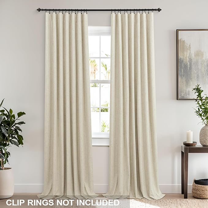 Beige Linen Blackout Curtains Drapes for Living Room, Light Tan Thermal Insulated Lined Pleated Black Out Window Curtain Panels for Bedroom, 52w x 84 Inches Long, Cortinas Para Sala, Warm Sand