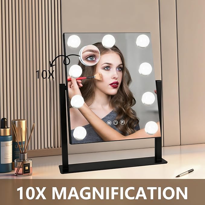 Moonee Vanity Mirror with Lights, Black Hollywood Lighted Makeup Mirror with 9 Dimmable Bulbs and 10X Magnification 360°Rotation, 3 Colors Modes, Light Up Mirror for Tabletop（12" x 14"）