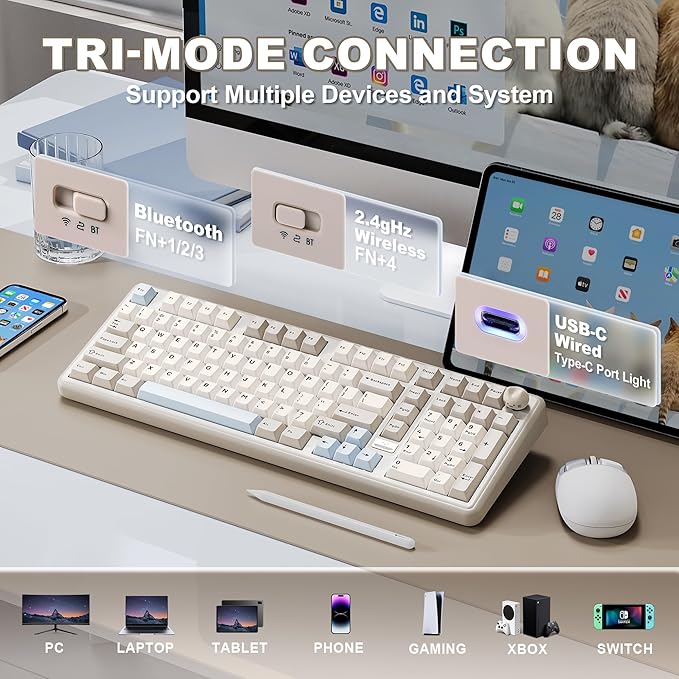 YUNZII B98 PRO QMK/VIA Wireless Mechanical Gaming Keyboard,96% Layout with Numpad and Cute Cat Knob, BT/2.4G/USB-C,Linear Switch Hot Swap Gasket,RGB for Win/Mac (Beige, Candy Linear Switch)