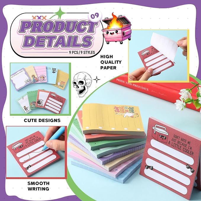 9 Pads Funny Sticky Notes 3x3 Inch Cute Self Stick Notepads Notes Adhesive Memo Pad Office Decor Gifts for Students School Teacher Meeting Office Supplies