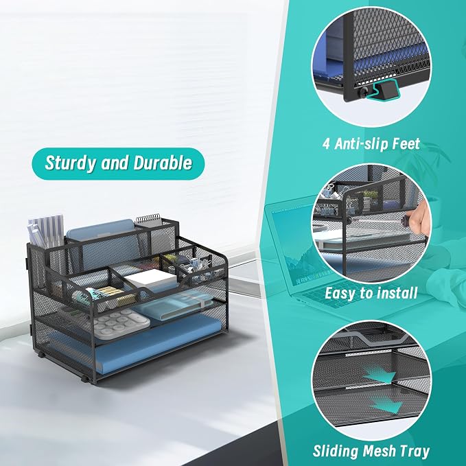 3 Tier Mesh Paper Desk Organizer with Pen Holders, Black | Features 3 pen holders, and 5 adjustable compartments for office school home desk storage
