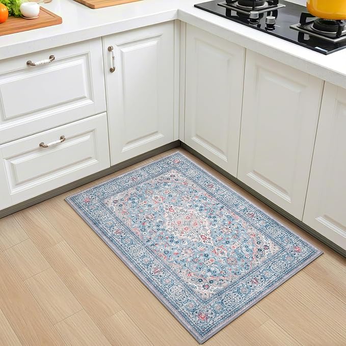Blue Small Washable Area Rug, 2x3 Boho Vintage Entryway Rugs, Soft Non Slip Floral Door Mat, Aesthetic Low Pile Carpet for Front Door Entry Carpets Entrance Bedroom Kitchen