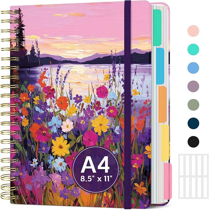 Large Spiral Lined Notebooks for Work with Removable Dividers & Tabs, 8.5"x11" Pretty Hardcover 5 Subject Notebook Journal for Women, College Ruled, Perfect for Study & Office Organization, 280 Pages,Lavender Sunset