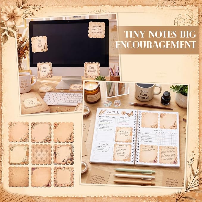 9 Pcs Scalloped Aesthetic Sticky Notes 3x3 Inch Vintage Colors Cute Wavy Self Sticky Note Pads Memo Pads for Journal School Office Supplies Decoupage Craft Stationery Gift (Vintage Brown)