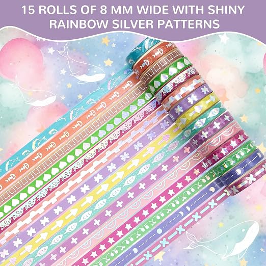 WAPETASHI 50 Rolls Washi Tape Set, Silver Cute Washi Tape for Scrapbooking, Bullet Journal, Planner, Gift, Rainbow Masking Decorative Tape for Kids