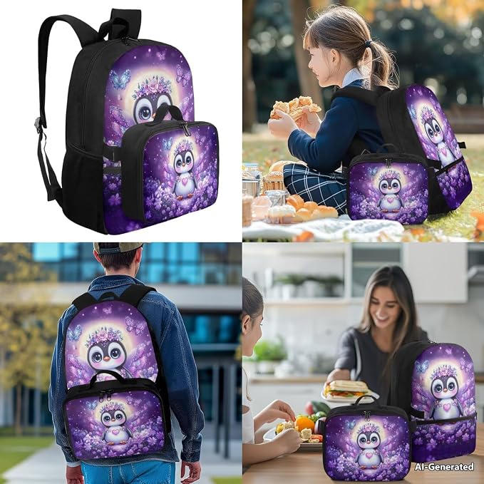 Doojoayie Purple Backpack for Girls Cute Princess Owl School Bags Kids Backpack and Lunch Box Set of 4 Large Capacity Bookbag for Teen Girls Back Back for Kindergarten Student