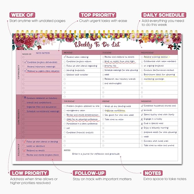 Taja Weekly To Do List Notepad with 52 Undated Sheets（8.5"×11"）- Weekly Desk Planner for Women & Man, Work and Home - 1 Pack Crimson Garden