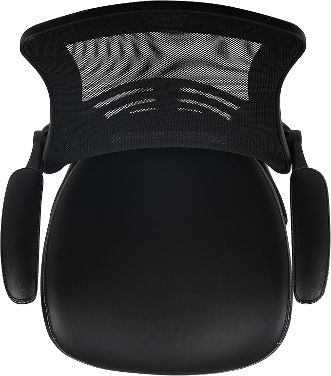Flash Furniture Kelista Mid-Back Swivel Office Chair with Adjustable LeatherSoft Seat Height, Ergonomic Mesh Chair with Flip-Up Arms, Black | Leather soft Seat, Mid-Back, Flip-Up Arms, Mesh Back, Adjustable Foot Ring