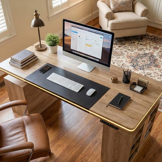 MOUMON 63" Executive Standing Desk with Storage Pedestals and LED Lights, Electric Height Adjustable Desk with Shelves and Built-in Outlets, for Home Office Oak and Black 63"W x 27.6"D x 29.4"-46.9"H