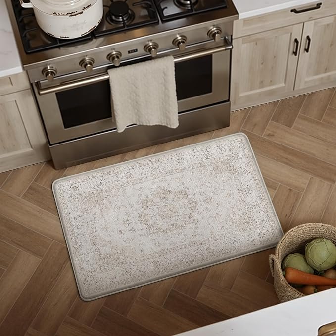 PureCozy Kitchen Mats 2PCS Anti Fatigue Cushioned Mat Beige Vintage Kitchen Mats for Floor Waterproof Non Slip Comfort Standing Oriental Medallion Rug for Sink Laundry Office 17.3"x47"+17.3"x30"