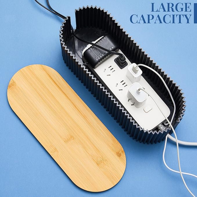 2 Pcs Cable Management Box, Fits Most Power Sockets, 11.8x5.1x4.3 in | Hides Cords & Power Sockets, Bamboo Lid, Beige & Black Options, Includes 48 Accessories, Home Office Desk or Floor Use