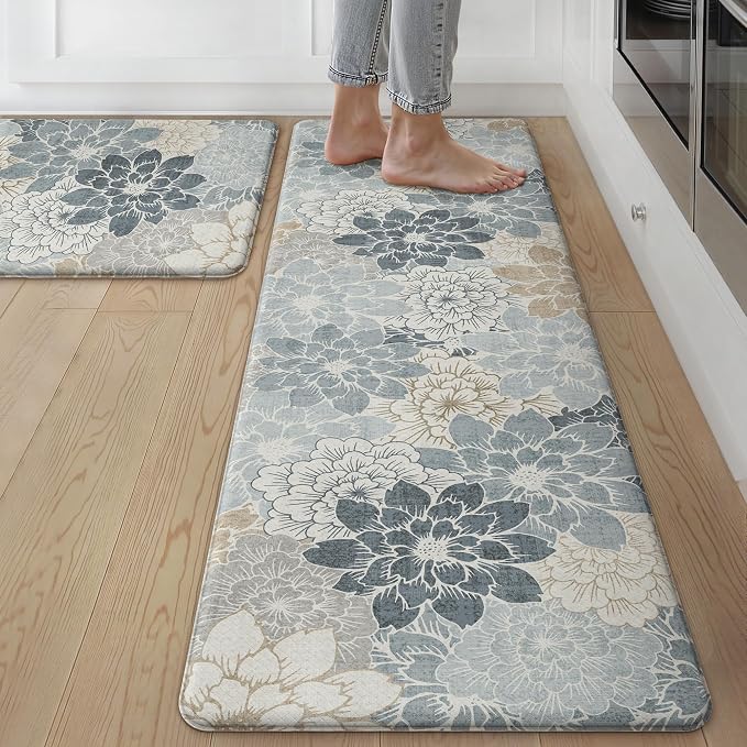 GENIMO Anti Fatigue Kitchen Mats for Floor 2PCS, Cushioned Standing Mats | 17.3"x59"&17.3"x30", Light Blue vintage floral rug set, waterproof, non slip, easy-clean for farmhouse