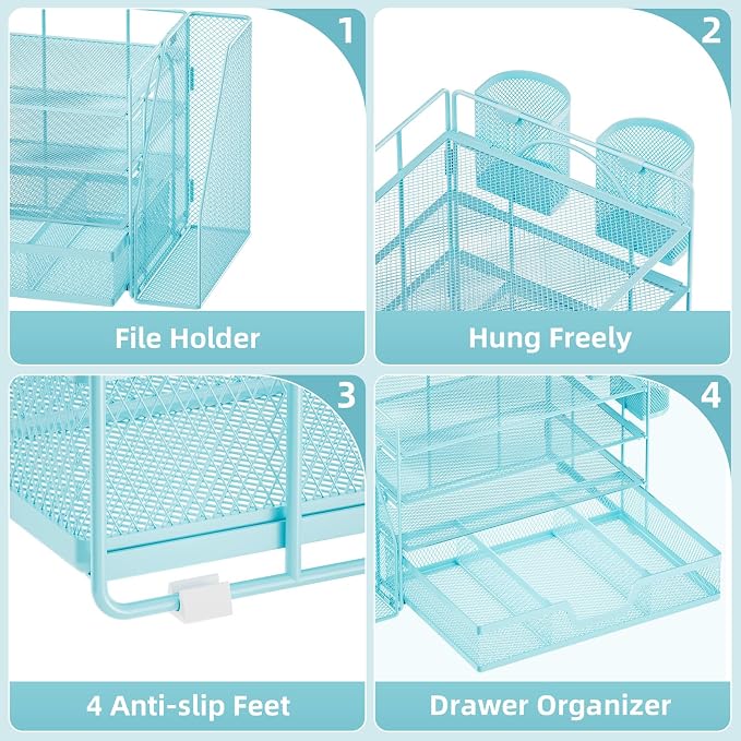 Marbrasse 4-Tier Paper Tray Organizer with Drawer and Pen Holder, Blue | Metal Mesh Desk Organizer, Built-in Drawer & 2 Pen Slots, fits letters/Files, for School Home Office Supplies