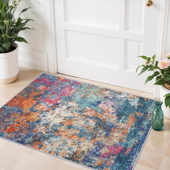 2x3 Rug Washable Runner for Entryway: Abstract Non Slip Bathroom Area Rug for Kitchen Floor Laundry Room - Small Soft Low-Pile Ultra Thin Rainbow Throw Door Mat for Modern Home Decor (2x3 Colorful)