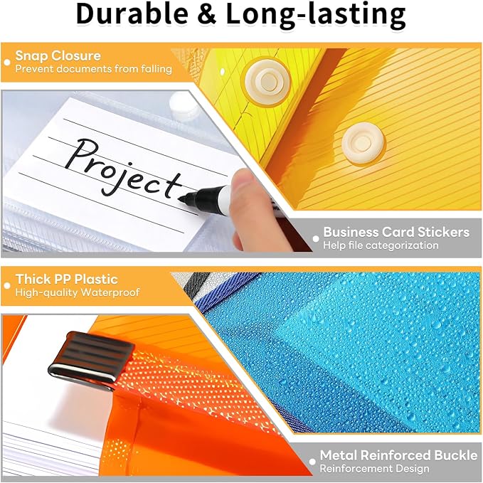 Plastic Expanding File Folder, Transparent Envelopes with Snap Closure | 10 Pack, No Dividers, Large Capacity, Assorted Colors, Fits Letter / A4 Size