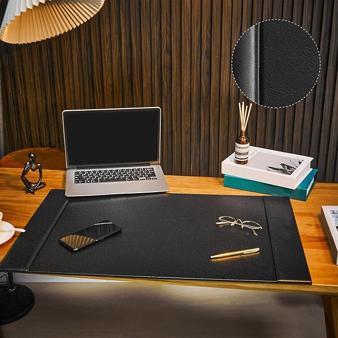 Leather Desk Pad Protector with Side Rails, Executive Office Desk Mat for Home Workspace, Writing Surface, Mouse & Keyboard Pad, Elegant Gift for Men Dad Husband(Black,30 x 18 Inch)