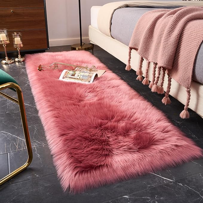 EasyJoy Ultra Soft Fluffy Faux Fur Rug, 2x6 ft Rectangle, Blush Pink | Chair Cover, Seat Pad, Fuzzy Area Rug