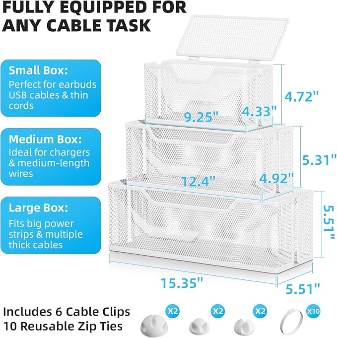 3 Pack Cable Management Box, Metal Mesh Cord Organizer Box for TV Wires, Electrical Hiding, Power Strip – Under Desk Cable Storage Box with Cable Clips&Reusable Cable Ties for HomeOffice - White
