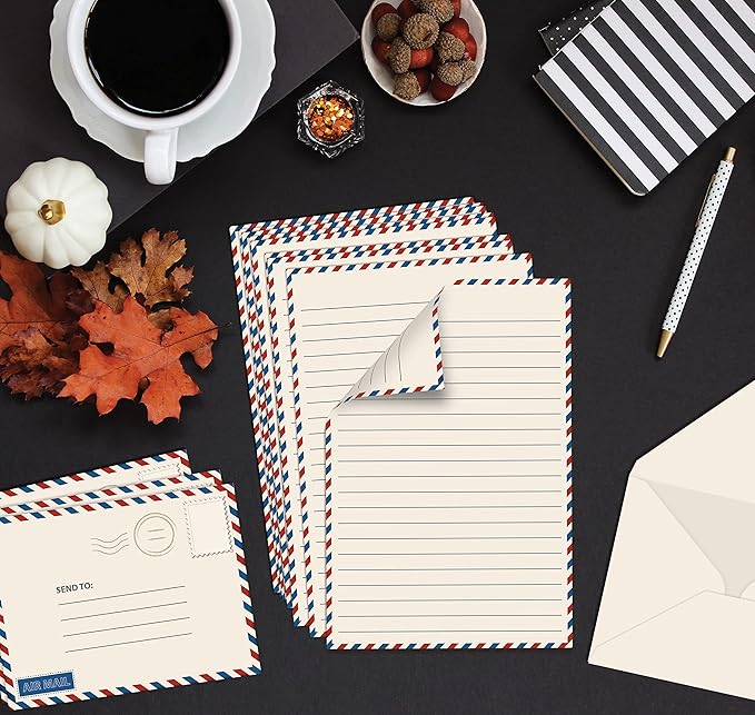 Better Office Products Vintage Airmail Mini Stationery Set, 100 Piece Set (50 Lined Sheets + 50 Matching Envelopes), 5.5 x 8.25 inch, Design, Double Sided Printing, Double Side Lined Paper,