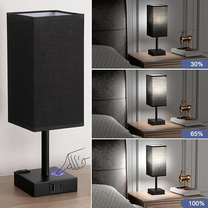 aooshine Black Lamp for Nightstand - Touch Table Lamp with Type C + A and AC Outlet, Square Charging Lamps for Bedroom Decor, Small Night Light for Office, Dorm Lamp for Men, E26 Bulb Included