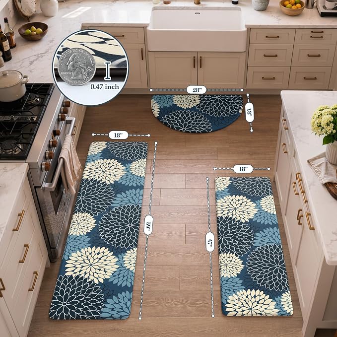 KIMODE Half Circle Anti Fatigue Mats for Kitchen Floor Rug Sets of 3 | 18"x28+18"x47"+18"x59",Blue Dahlia Floral Boho,3PCS,Non Slip,Waterproof,for Sink Office Laundry Bathroom Decor