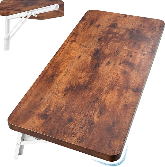 Neoaider Wall Mounted Folding Table 31.5”L x 15.7”W, Laundry Folding Table with Heavy Duty Metal Collapsible Shelf Brackets, Wall Mounted Desk Fold Down for Small Spaces, Brown