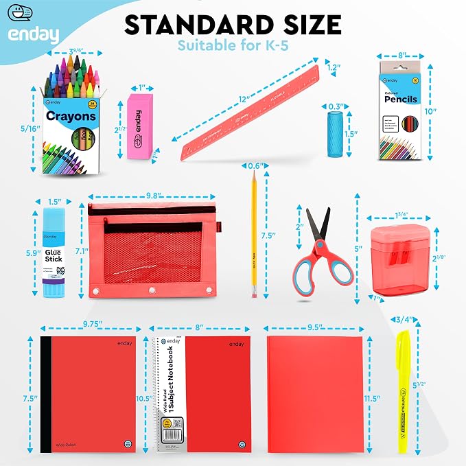 Enday Back to School Supplies for Kids, Red School Supply Box Grades K-5, Premium Quality Kids School Supplies Kit, Kindergarten School Supplies for Girls and Boys, 71 Piece Set
