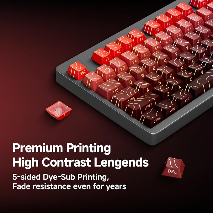 133 Aesthetic Topographic PBT Keycaps, No Tearing, Never Fade & Non-Slip, Modern RGB Backlit Red-to-Black Gradient Keycaps for Mechanical Keyboard - Ergonomic (Doubleshot, Fit for All MX Layout)