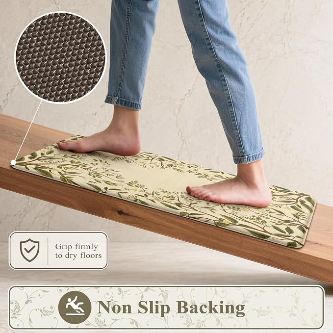 KIMODE Anti Fatigue Kitchen Mats for Floor 17"x47"+17"x29", Farmhouse Leaf Kitchen Rugs Sets of 2, Cushioned Kitchen Floor Mats, Buttercream Laundry Room Rugs for Sink Desk Kitchen Decor Bedroom
