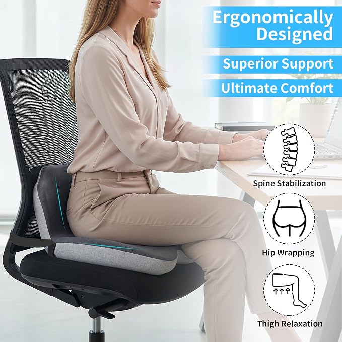 Memory Foam L-Shaped Ergonomic Cushion for Office | Chairs Comfort & Support for Long Sitting Memory Foam U-Shape Tailbone Relief + L-Shape Back Cushion