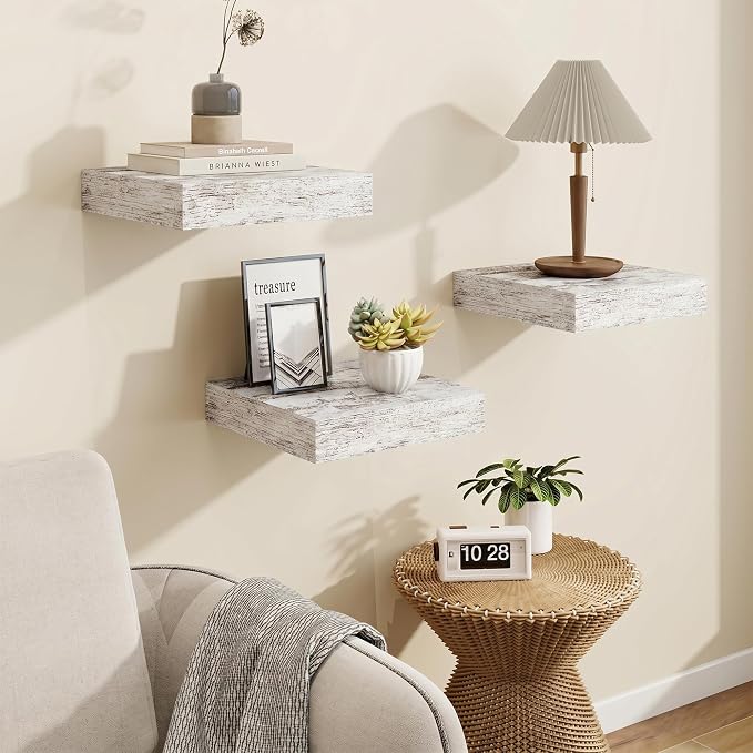 Square Floating Shelves for Wall, 10"W x 10"D x 1.25"H, 3 Packs Small Wall Mounted Engineered Wood Shelves with Invisible Brackets for Living Room, Bedroom, Bathroom, Kitchen Decor, Vintage White