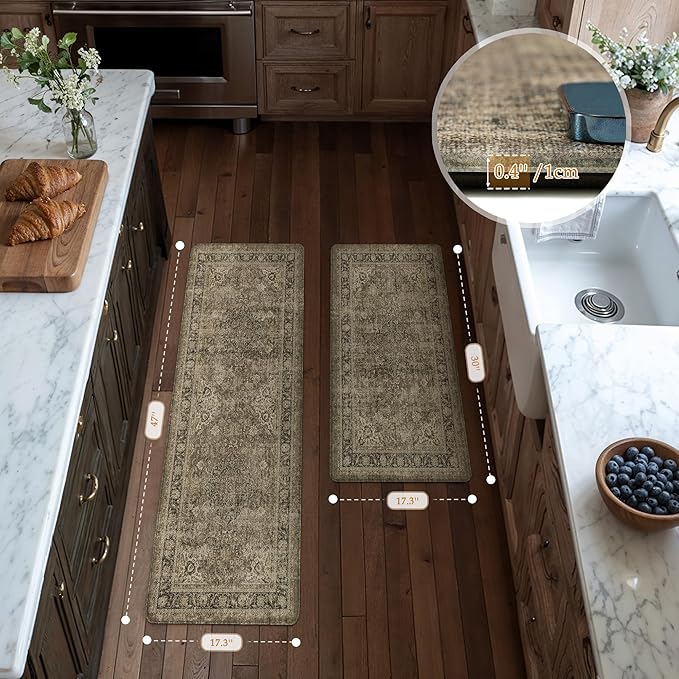 Vintage Kitchen Mats for Floor Anti Fatigue Waterproof Kitchen Rugs Sets of 2 Brown Cushioned Non-Slip Kitchen Mats Comfort Standing Mat for Sink Laundry Office 17.3"×47"+17.3"×30"