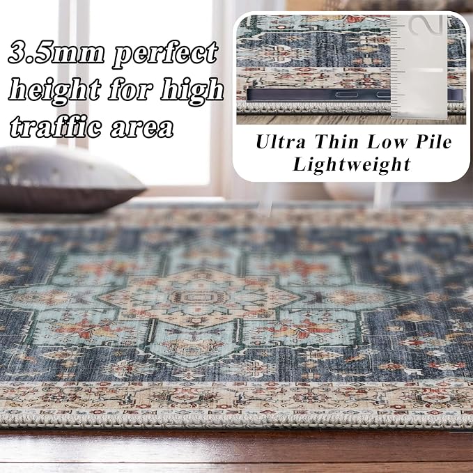Dining Room Rugs for Under Table - Washable 6x8 Area Rug for Living Room Bedroom Soft Low Pile Non Slip Stain Resistant Carpet - Perfect for Homes with Pets & Kids (Blue/Teal/Orange, 6x8)