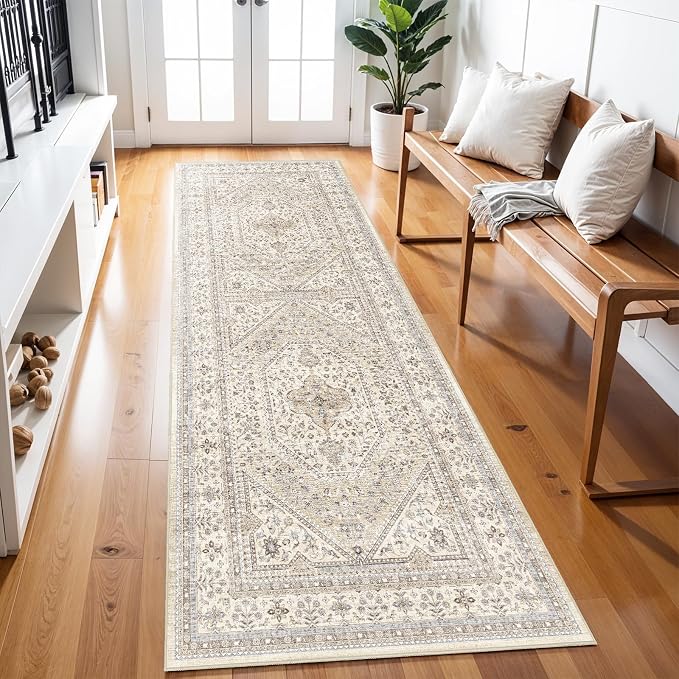 3x8 Runner Rug for Hallway Washable: Non Slip Kitchen Rugs with Rubber Backing Soft Waterproof Mats Stain Resistant Indoor Vintage Carpet Runner for Bedroom Bathroom Laundry Entryway Beige/Gray
