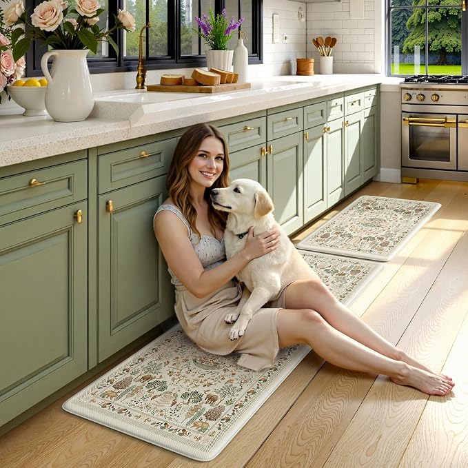 KIMODE Anti Fatigue Kitchen Mats 17"x47"+17"x29", Vibrant Floral Kitchen Rugs Sets of 2, Cushioned Non Skid Kitchen Mats for Floor, Comfort Kitchen Floor Mats for Sink Laundry Desk Beige