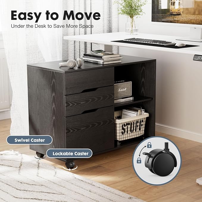 DUMOS File Cabinet with 3 Drawers, Wood Under Desk Storage Printer Stand | Rolling Lateral Filing Cabinet with Adjustable Shelves for Home Office Study Organization,Black